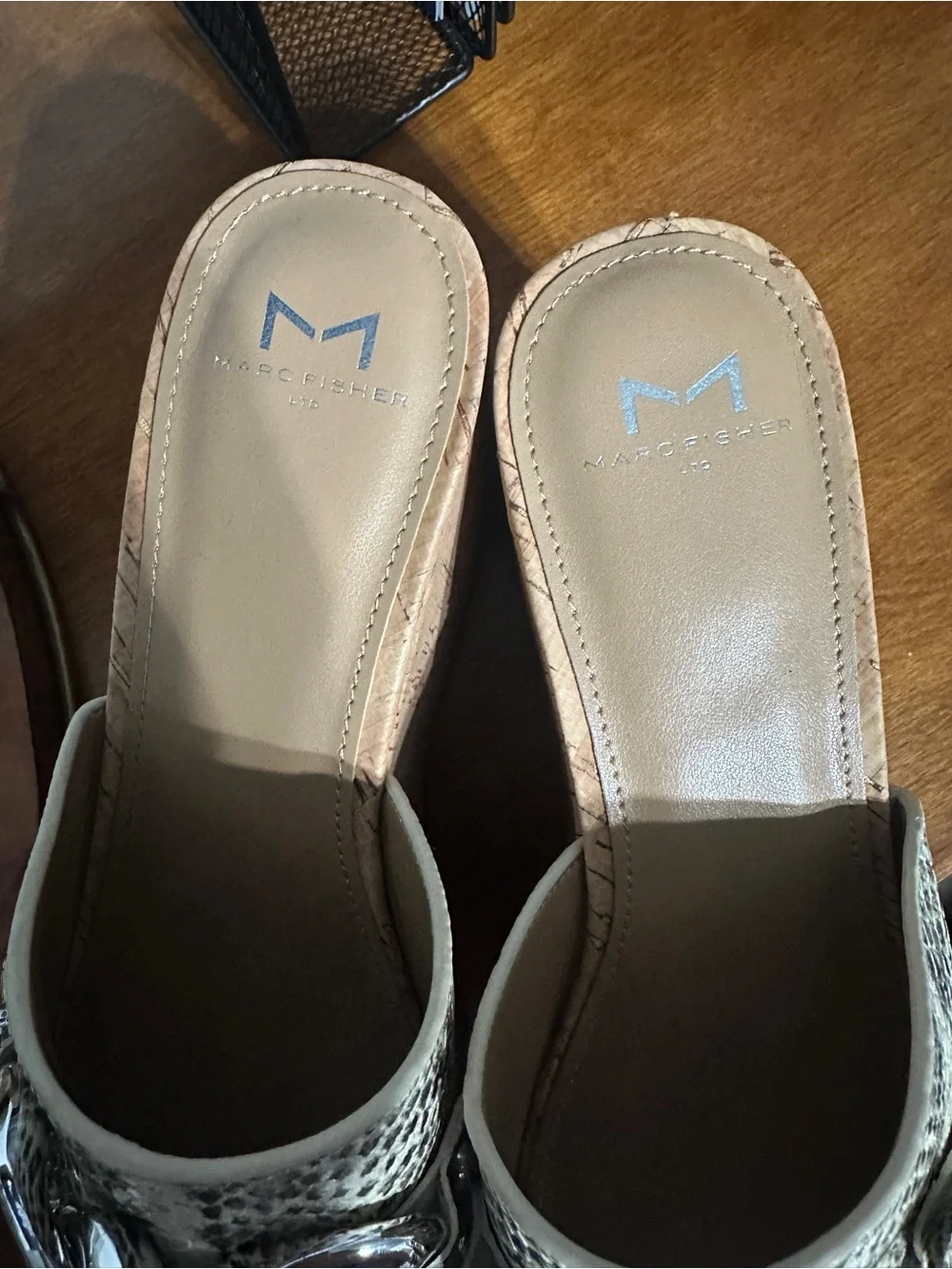 Marc Fisher Womens Snake-Print Cork Platform Slide with Silver Chain “Vaneda”